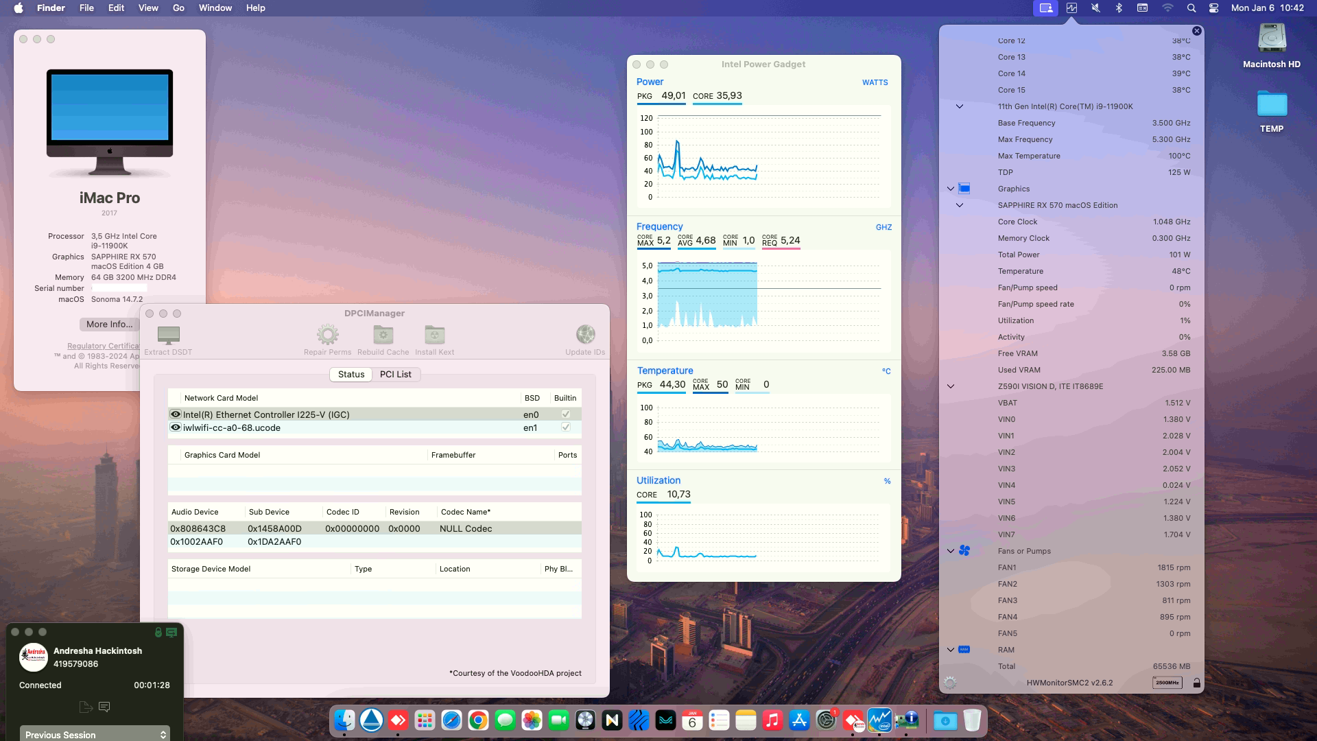 Success Hackintosh macOS Sonoma 14.7.2 Build 23H311 in Gigabyte Z590I Vision D + Intel Core i9 11900K + Sapphire RX 570